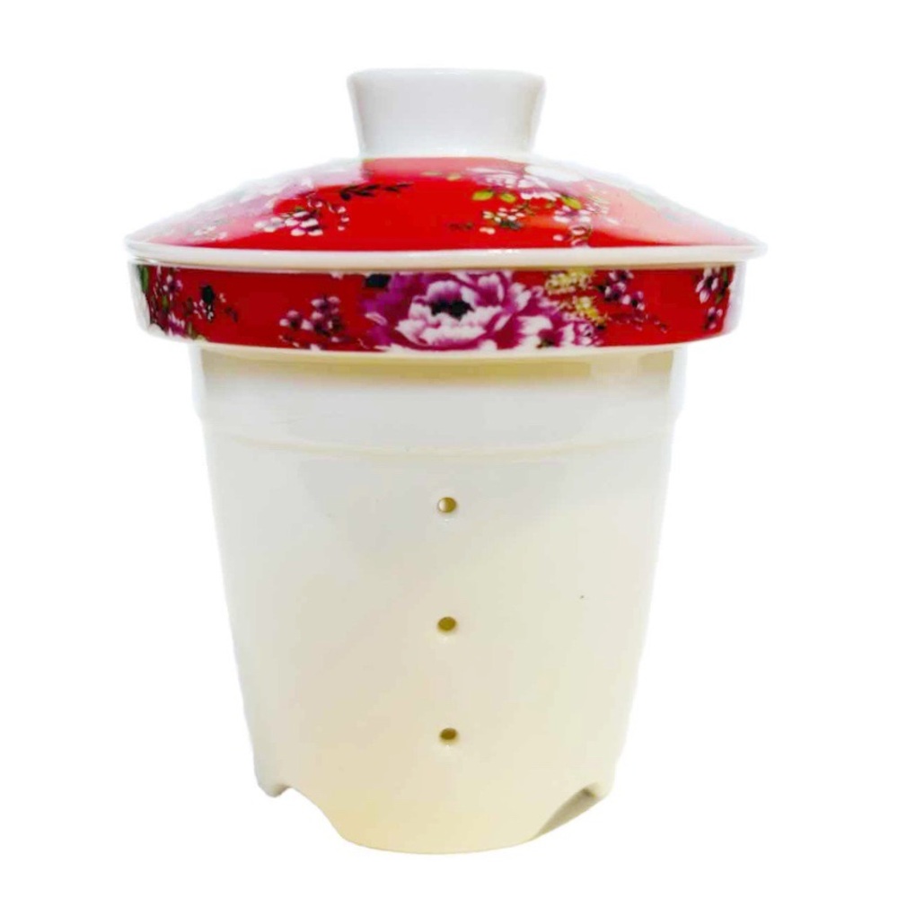 Ceramic Tea Infuser Steeper with Lid Red Floral Design Flowers Bag Loose Leaf